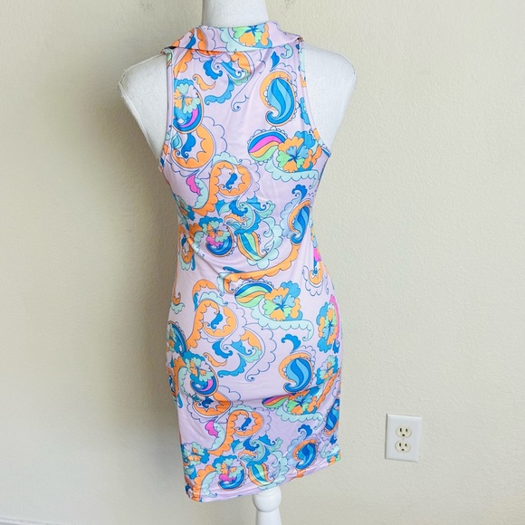 Purple & Orange Multicolor Retro 70s Ruched Button Up Collared Tank Mini Dress - Picture 2 of 5